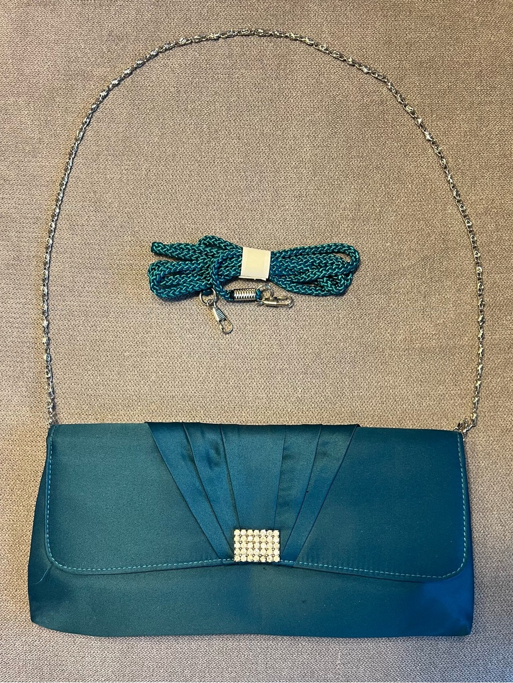 Vintage Teal and Rhinestone Evening Clutch with Chain and Cord Strap